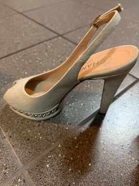 CHANEL Beige Slingback Peep-Toe Platform Heel with Stud Trim